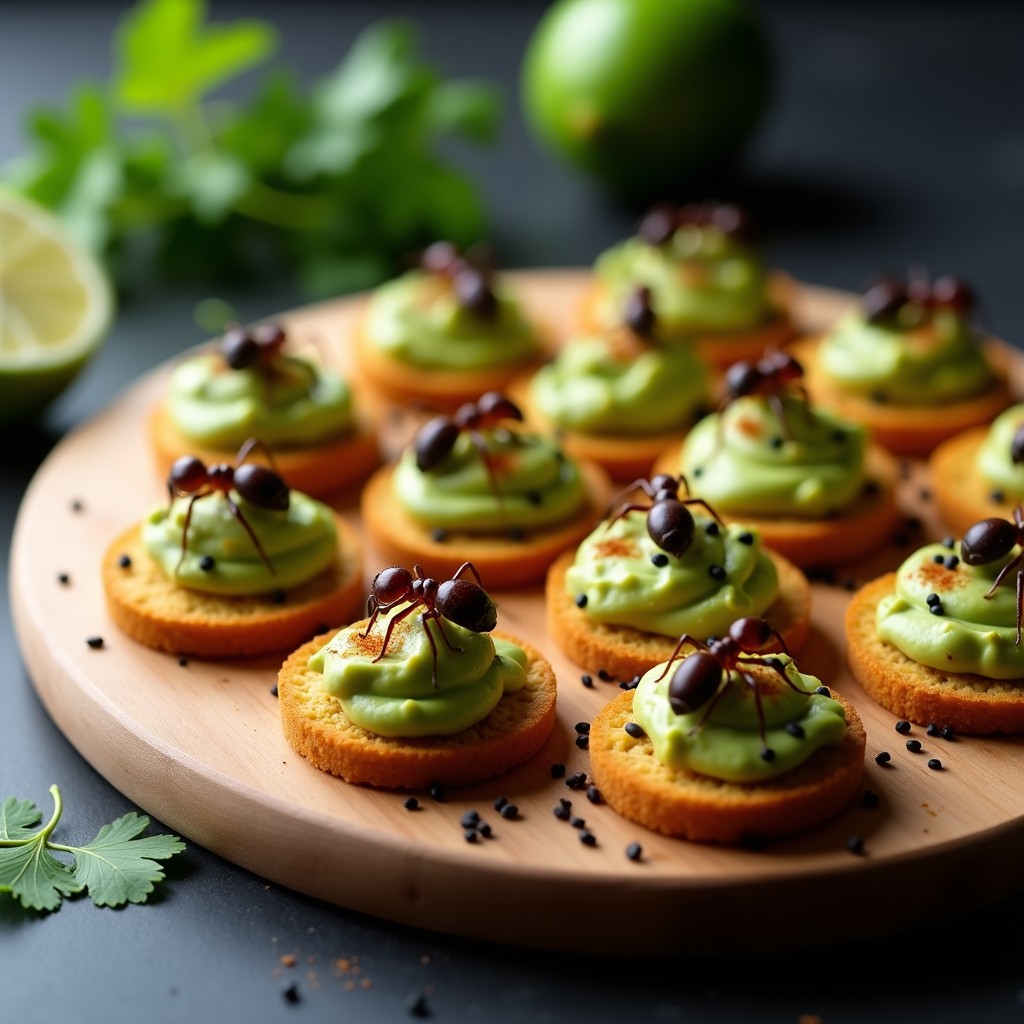 Canapés de Pan de Insectos con Guacamole y Hormigas Culonas: Aperitivo Colombiano Innovador