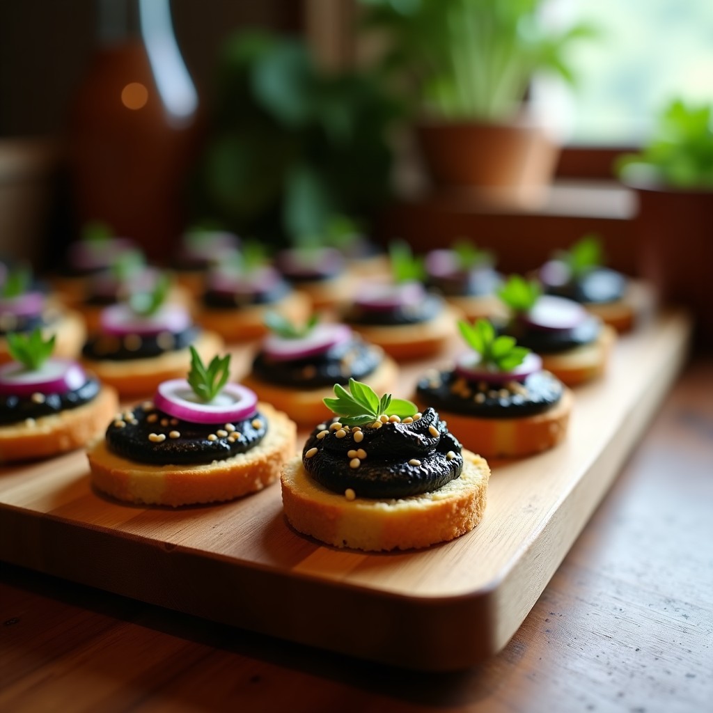 Canapés de pan de insectos dorado y crujiente con hummus de garbanzo negro cremoso, decorados con semillas de sésamo, perejil, menta y granada. Aperitivo proteico y sostenible en presentación elegante.