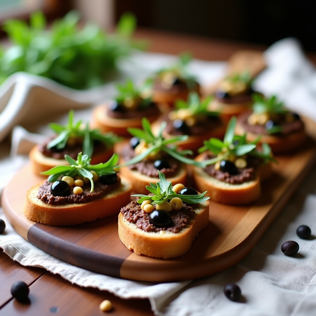 Bandeja de madera con canapés de pan de molde integral tostado, cubiertos con paté cremoso de aceitunas negras y tomate seco, decorados con rúcula, queso de cabra desmenuzado y semillas de sésamo. Aperitivo rápido y saludable.