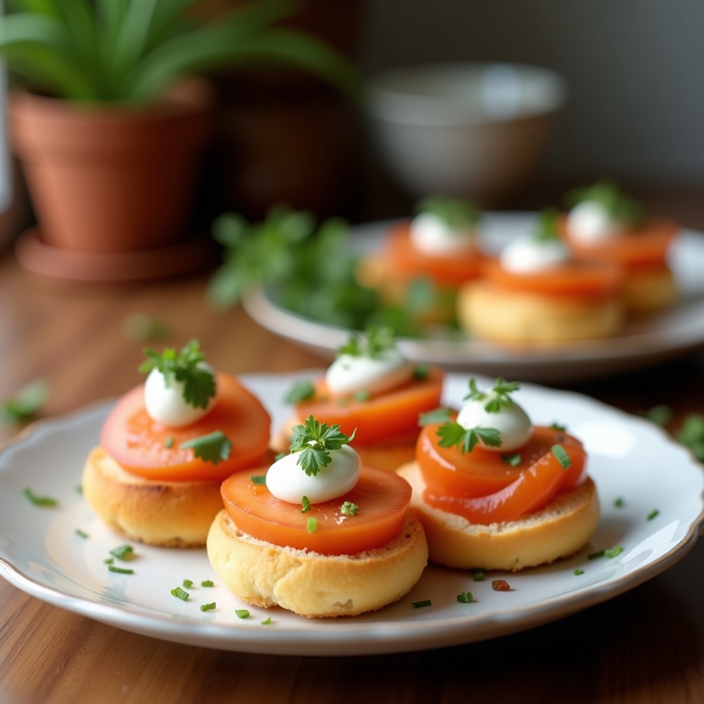 Bandeja de madera con canapés de pan integral tostado, crema de eneldo suave y salmón ahumado en láminas, decorados con alcaparras y semillas de sésamo, aperitivo alto en omega-3.