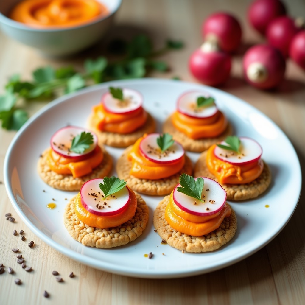Canapés de pan de lino dorado con hummus de zanahoria naranja, rodajas de rábano blanco y hojas de cilantro verde, aperitivo crudivegano listo en 10 minutos.