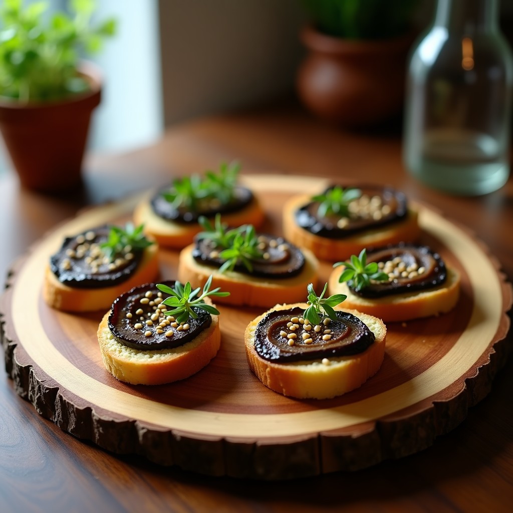Canapés de pan de maíz tostado dorado con paté de berenjena asada cremoso, decorados con semillas de granada rojas brillantes, hojas de menta fresca y un hilo de aceite de trufa negra. Presentación elegante en bandeja de madera rústica con luz natural.