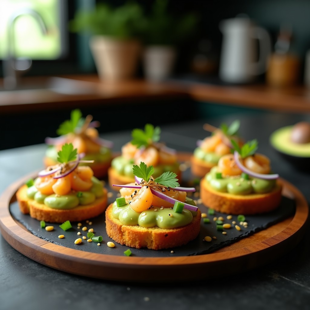 Canapés de Pan de Maíz con Ceviche de Camarones y Leche de Tigre Verde