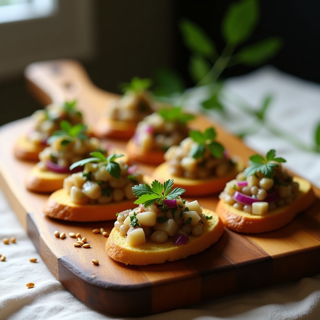 Canapés de pan de maíz dorado con ceviche de champiñones portobello marinado en cítricos, decorado con algas nori y semillas de sésamo, servidos en bandeja de madera rústica.