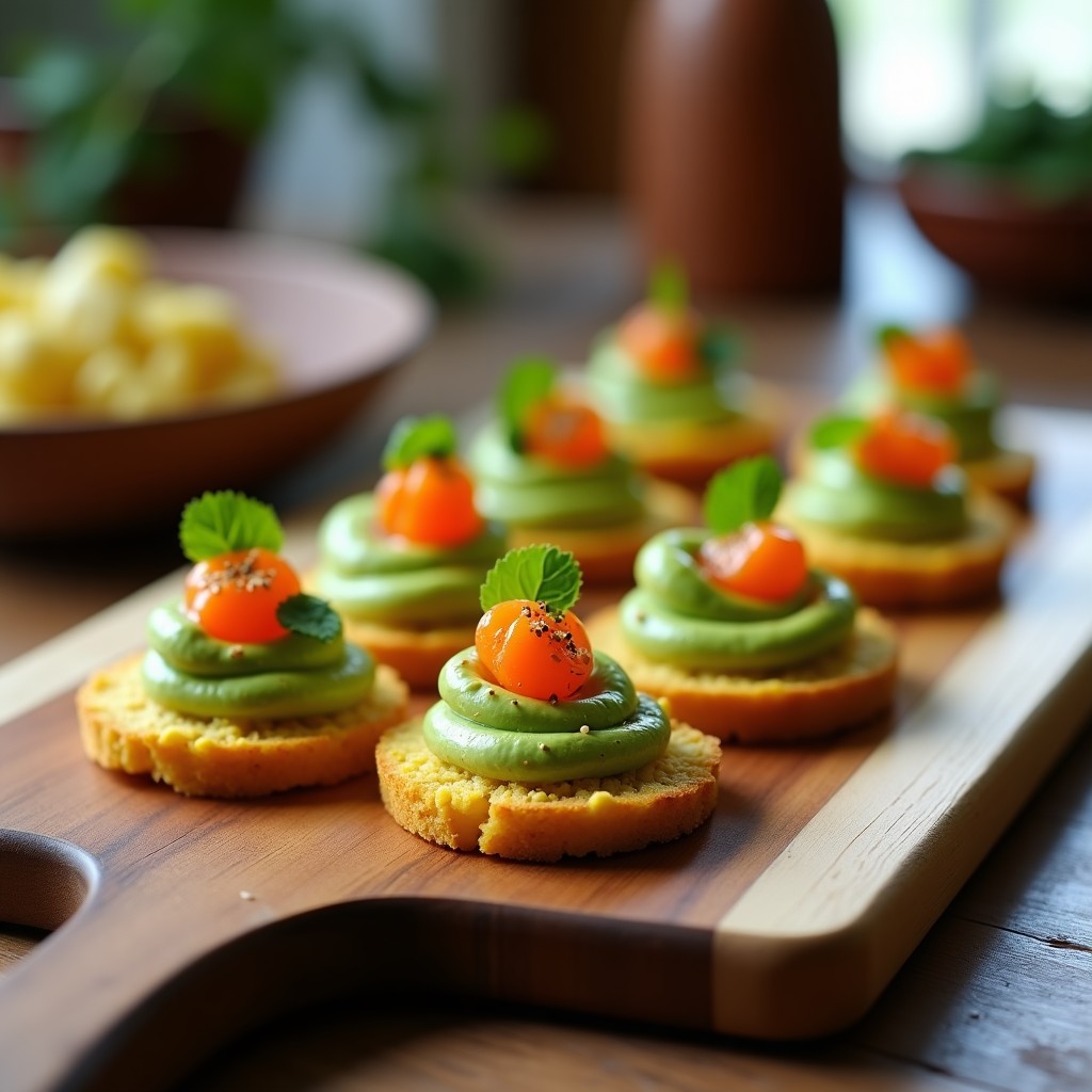 Canapés de pan de maíz dorado con crema de palta verde brillante, coronados por huevas de trucha naranjas y semillas de sésamo negro, servidos en una bandeja de madera rústica. Receta sin gluten y alta en Omega-3.