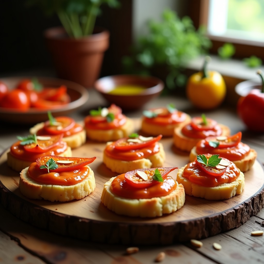 Canapés de pan de maíz dorado con crema de pimientos asados rojos, anchoas en abanico, almendras tostadas y perejil fresco, presentados en una bandeja de madera rústica con fondo difuminado. Receta de aperitivo español gourmet.