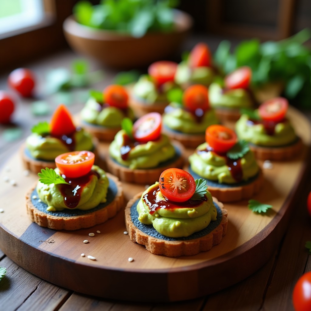 Canapés veganos de pan de maíz azul tostado con guacamole cremoso de edamame, decorados con salsa de chipotle ahumada, semillas de sésamo y hojas de epazote sobre una bandeja de madera rústica.