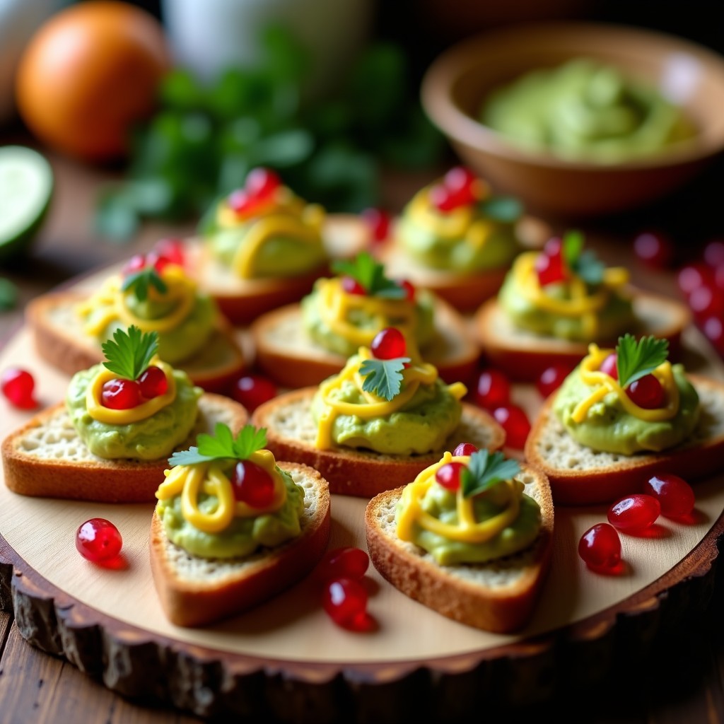 Canapés de pan de maíz azul tostado con guacamole cremoso de mango, decorados con semillas de granada rojas brillantes y hojas de cilantro fresco sobre una tabla de madera rústica. Entrante mexicano festivo y colorido.