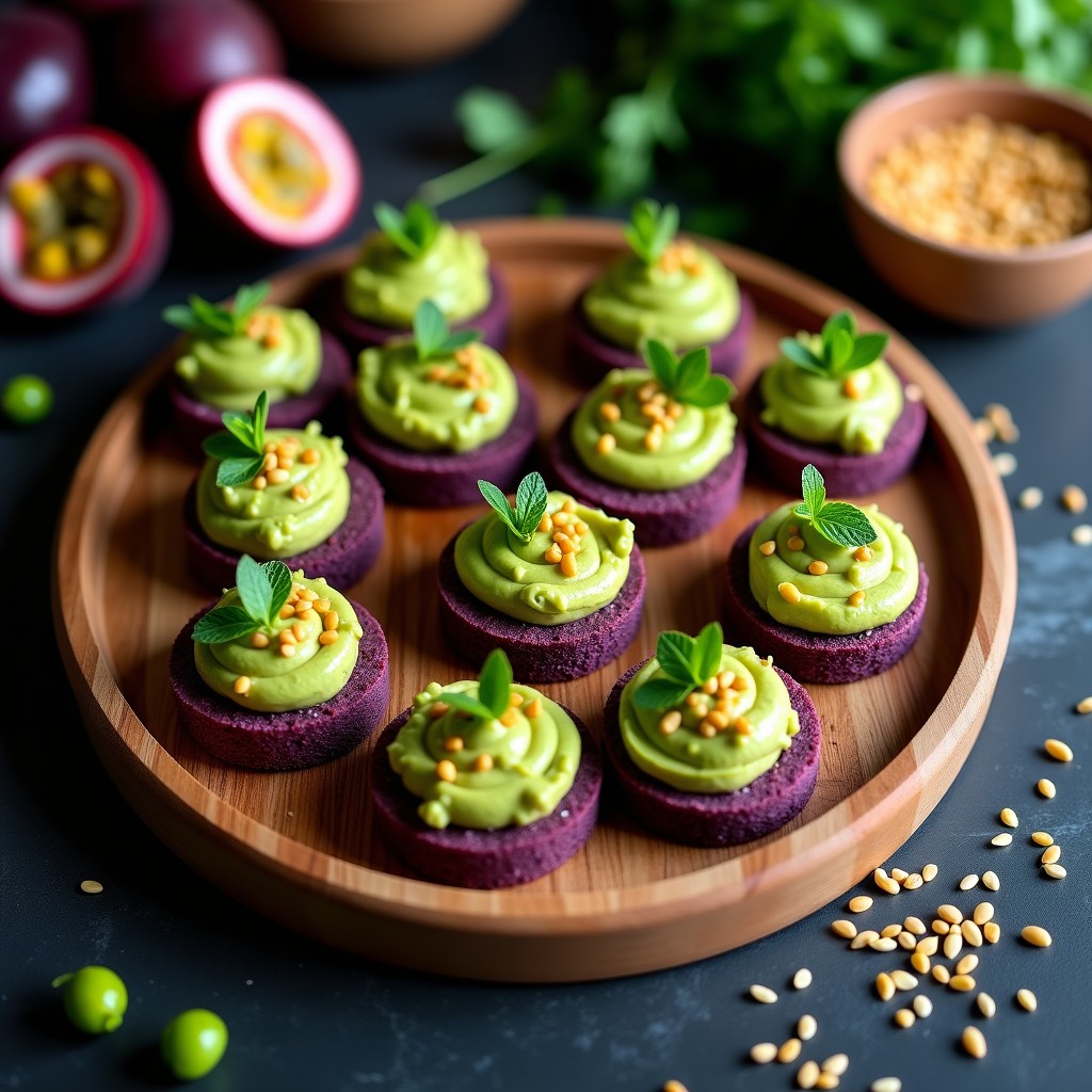 Canapés de pan de maíz tostado con guacamole de pisos verdes y pulpa de granadilla amarilla, decorados con hierbabuena, receta peruana aperitiva sobre fondo rústico.