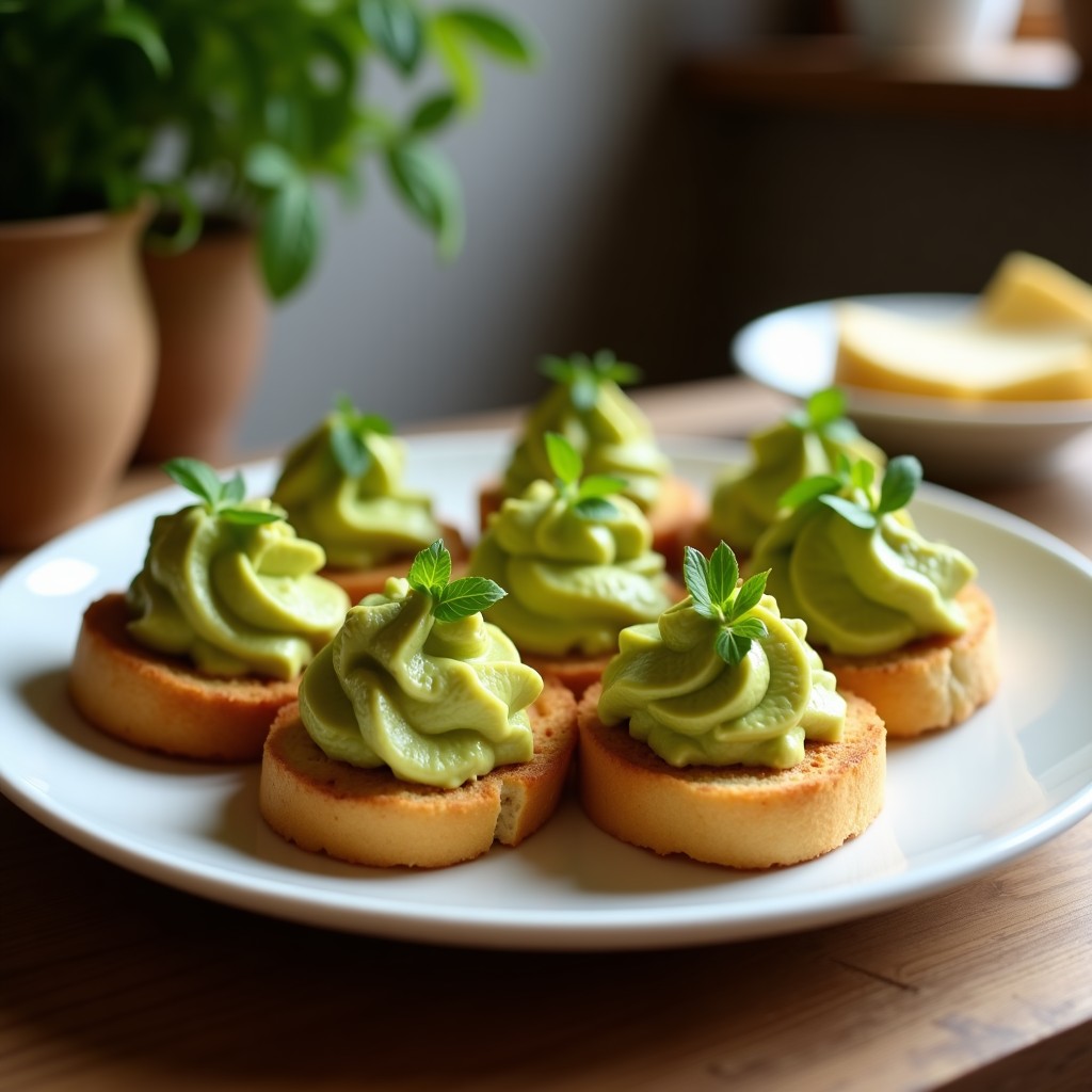Canapés de pan de maíz dorado y crujiente con una capa cremosa de guacamole verde, espolvoreados con semillas de grano de oro y sésamo tostado, presentados en una bandeja de madera rústica con detalles de cilantro fresco.