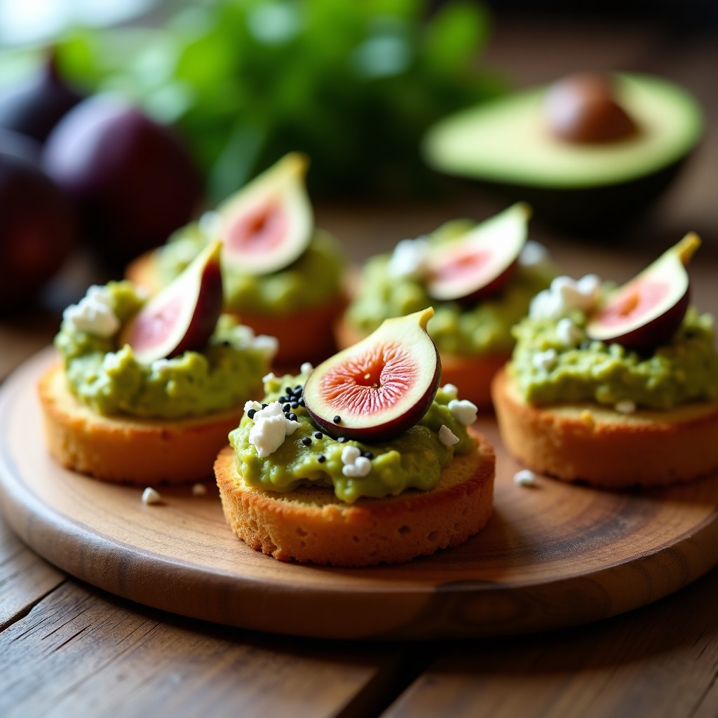 Canapés gourmet peruanos con base crujiente de pan de maíz morado, cubiertos de guacamole cremoso de higos y aguacate, decorados con queso de cabra desmenuzado, semillas de sésamo y hojas de menta fresca sobre una tabla de madera rústica.