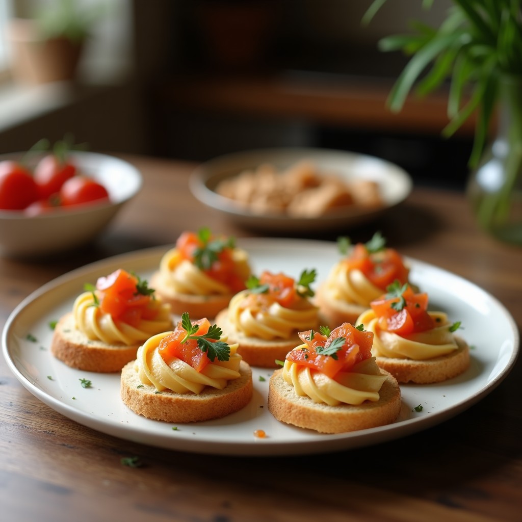 Canapés de pan de maíz tostado con una capa cremosa de pasta de alcachofa verde claro, coronados por filetes dorados de anchoas y perejil fresco picado, servidos en una bandeja de madera rústica con fondo desenfocado.