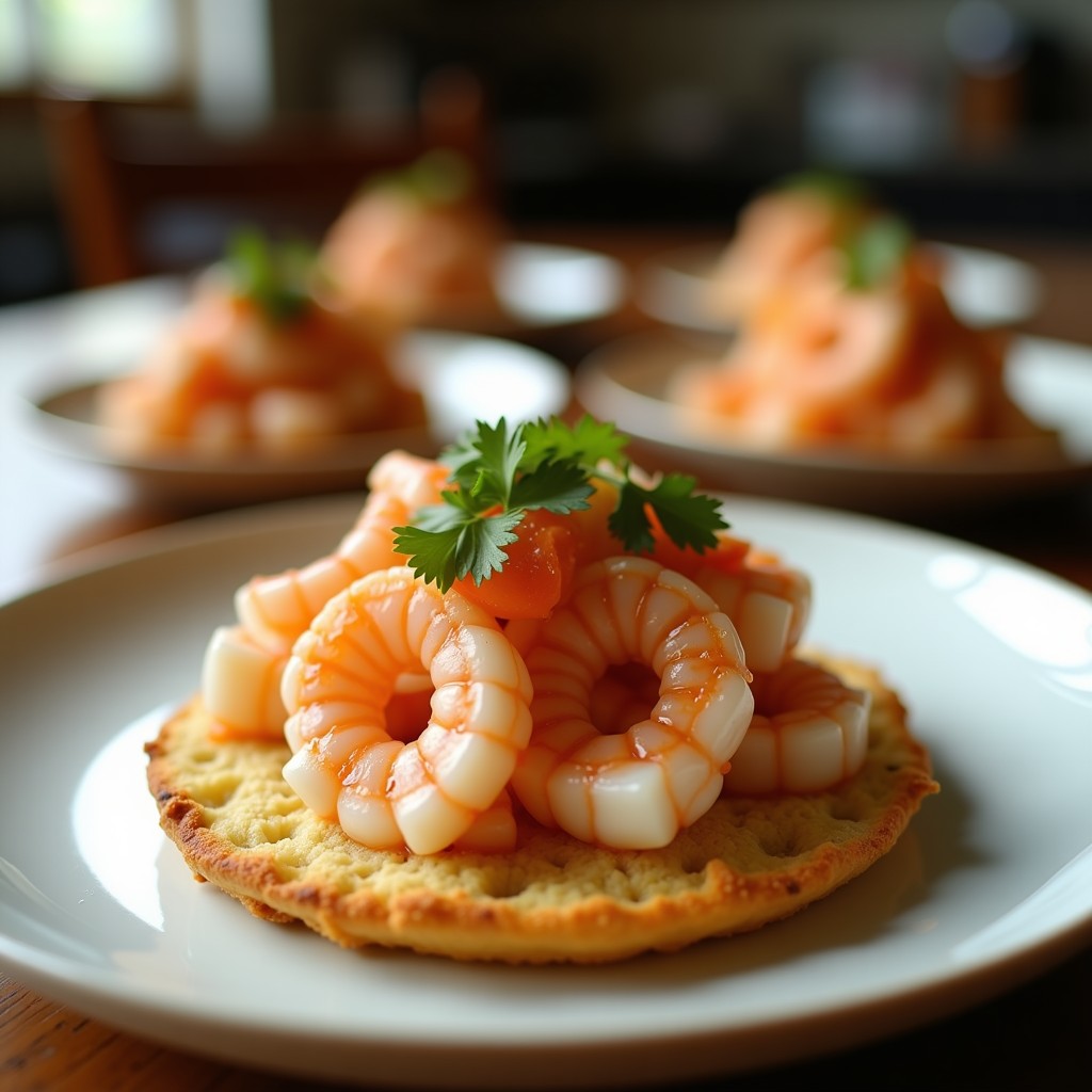 Bandeja de madera oscura con canapés de pan de millo dorado y crujiente, coronados con ceviche de camarones en trozos, leche de coco cremosa, cebolla morada, aguacate en cubos y hojas de cilantro fresco. Fondo borroso con tonos cálidos que resaltan la elegancia del plato colombiano.