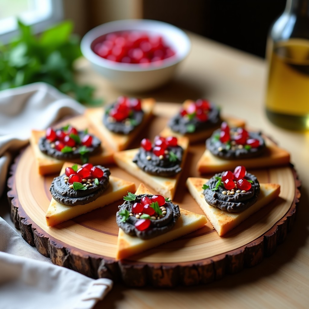 Canapés triangulares de pan de pita sin gluten tostado, cubiertos con cremoso baba ganoush, granos de granada rojos brillantes, perejil verde picado y semillas de sésamo doradas. Presentación en bandeja de madera rústica con fondo de especias árabes.