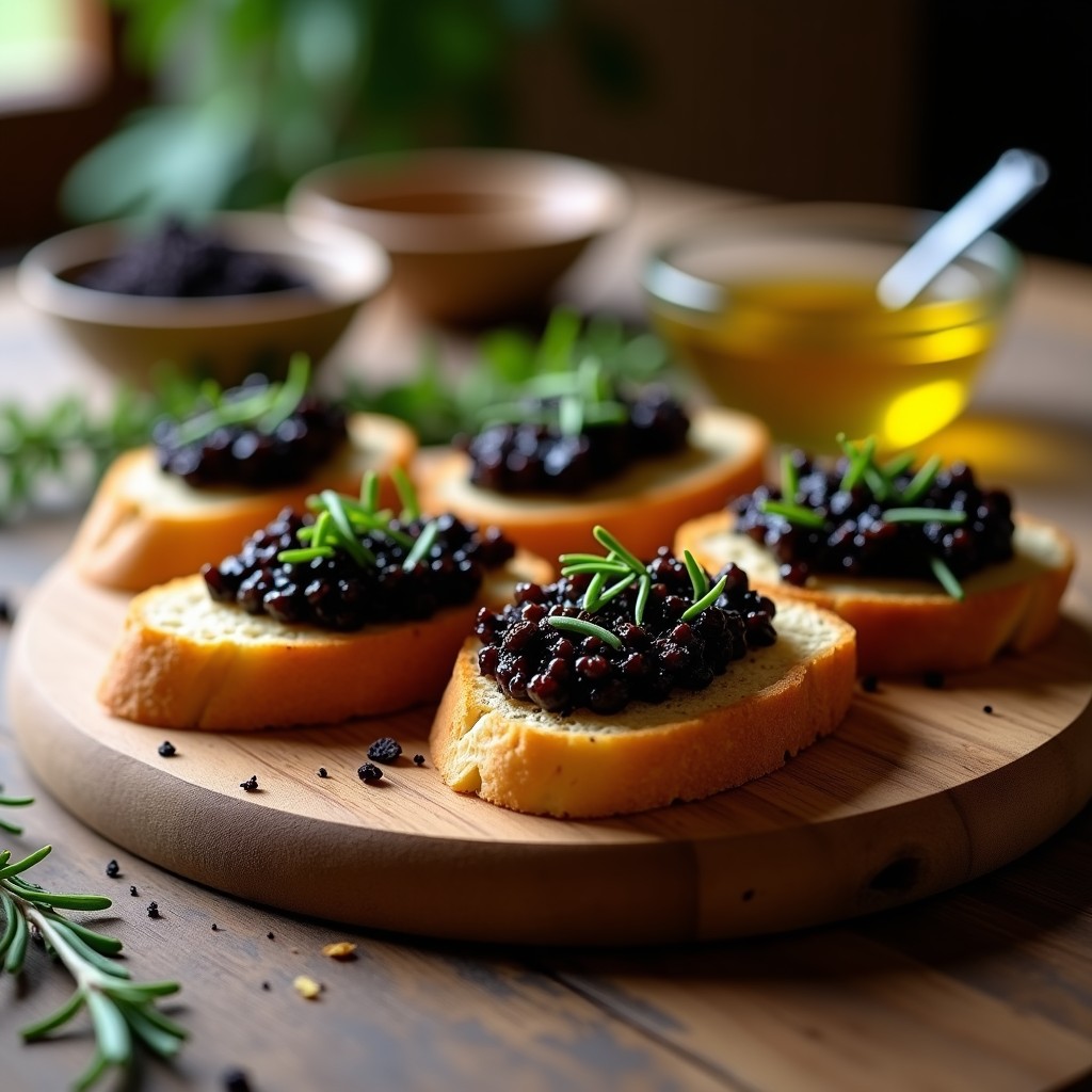 Canapés elegantes de pan de sorgo tostado con caviar de berenjena ahumada y láminas de trufa negra, decorados con cebollino fresco sobre fondo rústico de madera.