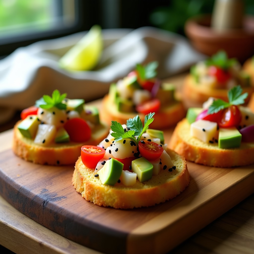 Canapés de pan de yuca dorado y esponjoso rellenos de ceviche de palmito fresco con aguacate, cebolla morada y cilantro, decorados con semillas de sésamo negro sobre hojas de lechuga morada. Receta brasileña sin gluten y crudivegana.