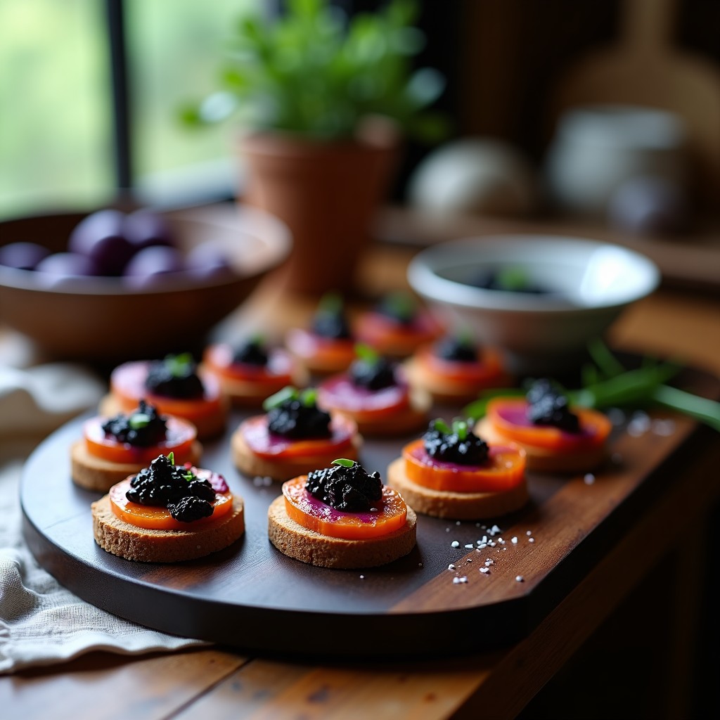 Canapés veganos gourmet con base de pan de trigo sarraceno tostado, rodaja de patata morada horneada y caviar de berenjena negro brillante, decorados con cebollino fresco y flor de sal sobre una tabla de madera rústica.
