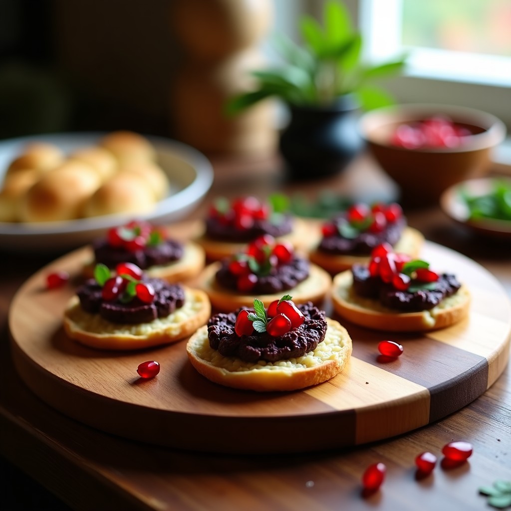 Canapés de pan de pita dorado sin gluten con cremoso paté de berenjena ahumada, decorados con semillas de granada rojas brillantes y perejil fresco, servidos en bandeja de madera rústica. Receta libanesa aperitivo elegante.