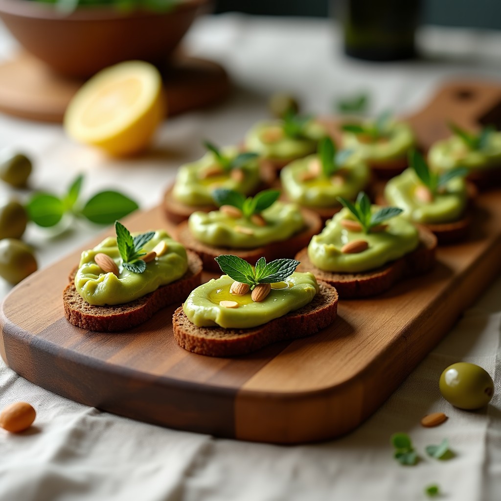 Canapés de pan de trigo sarraceno tostado con paté cremoso de aceitunas verdes y limón, decorados con almendras fileteadas y hojas de menta fresca, servidos en una bandeja de madera rústica.
