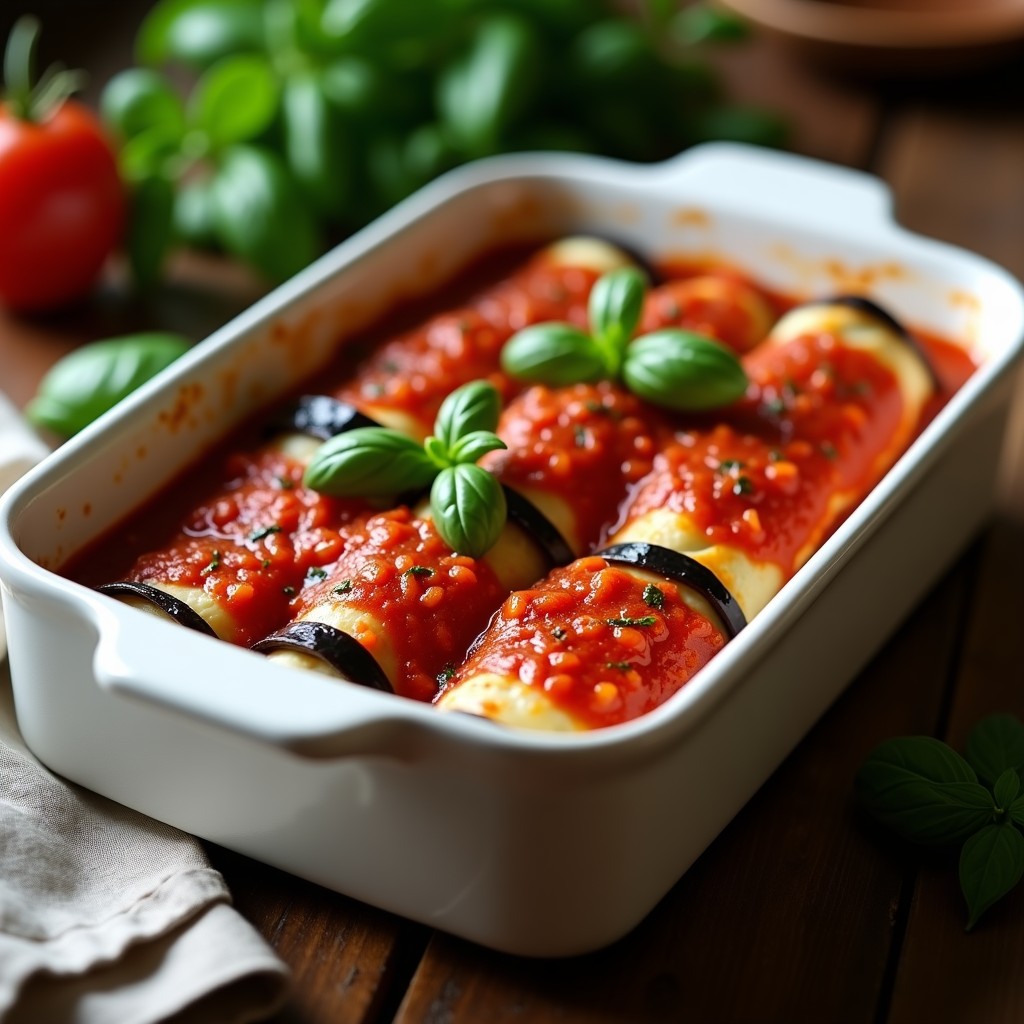 Fuente de horno rectangular con canelones de berenjena en capas, rellenos de espinacas y queso de almendras cremoso, cubiertos de salsa de tomate rojo intenso y decorados con hojas de albahaca fresca. Plato vegano y sin gluten con textura dorada y jugosa.