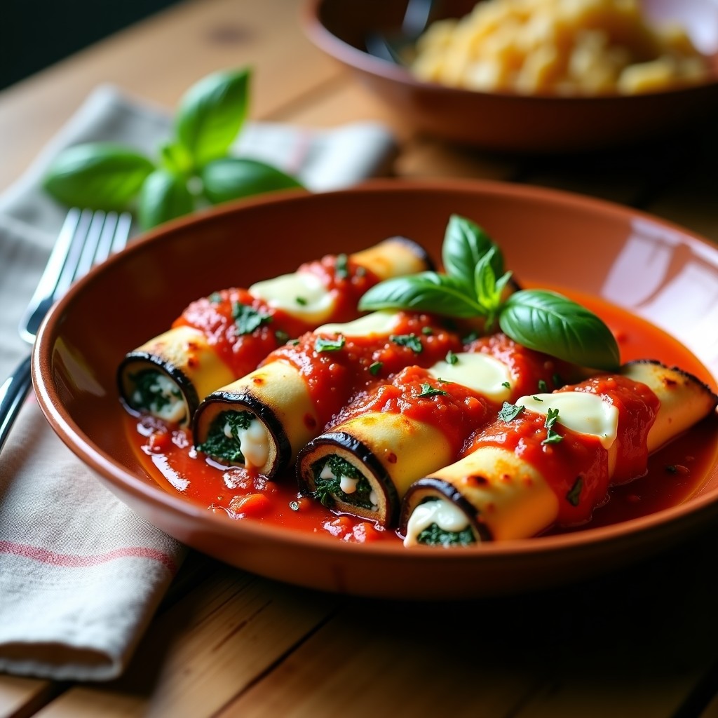 Canelones de Berenjena y Espinacas con Salsa de Tomate Casera: Receta Vegetariana Sin Pasta