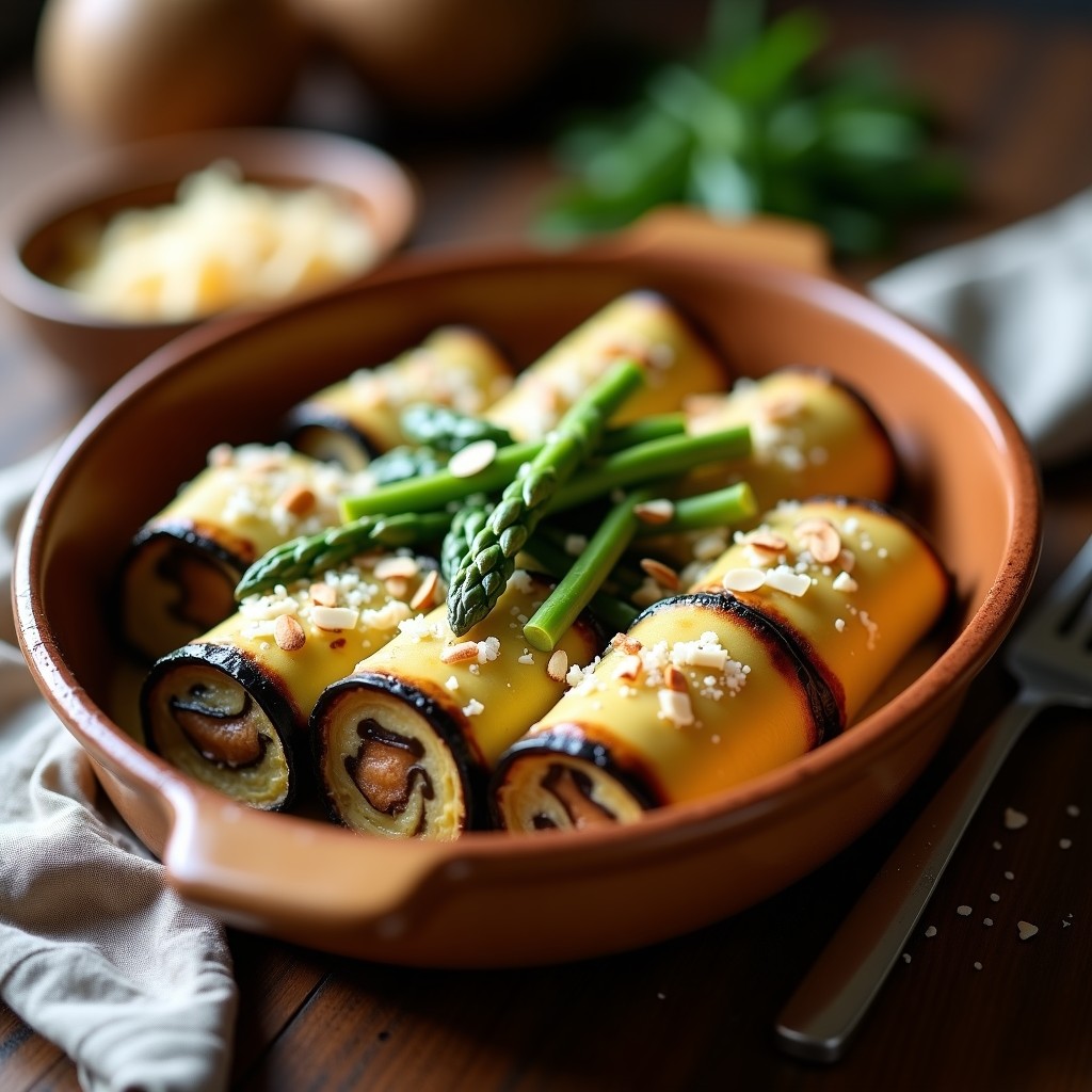 Plato de canelones de berenjena rellenos de hongos ostra y espárragos, horneados al estilo italiano sin gluten, con salsa de tomate y queso parmesano gratinado, decorados con albahaca fresca.