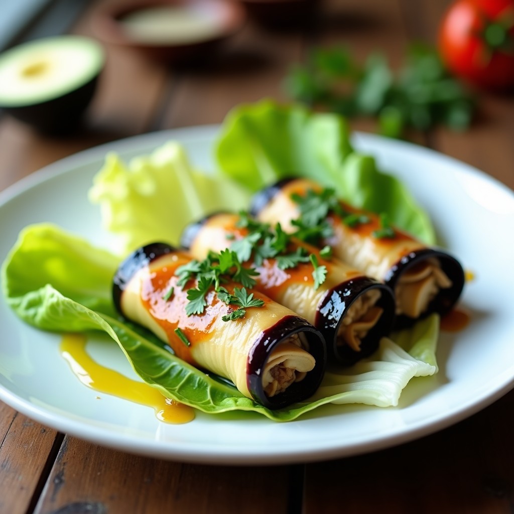 Plato blanco con canelones de berenjena cruda rellenos de tofu desmenuzado y hongos shiitake, decorados con semillas de sésamo negro y cebollino, sobre un fondo rústico de madera clara. Receta vegana sin cocción.