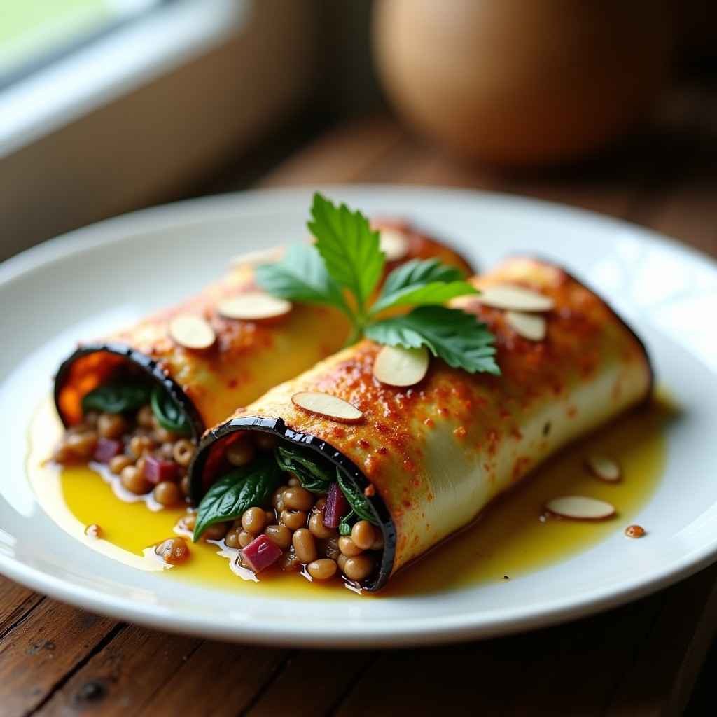 Canelones de berenjena rellenos de lentejas y espinacas en airfryer, servidos en plato blanco con salsa de tomate y almendras fileteadas, receta sin pasta vegana y alta en proteína.