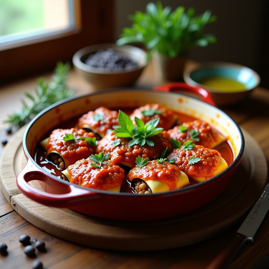 Plato ovalado de cerámica blanca con canelones de berenjena rellenos de lentejas y calabaza, decorados con cubos de calabaza asada y perejil fresco. La berenjena tiene un tono dorado y el relleno se ve húmedo y aromático. Fondo rústico con servilleta de lino.