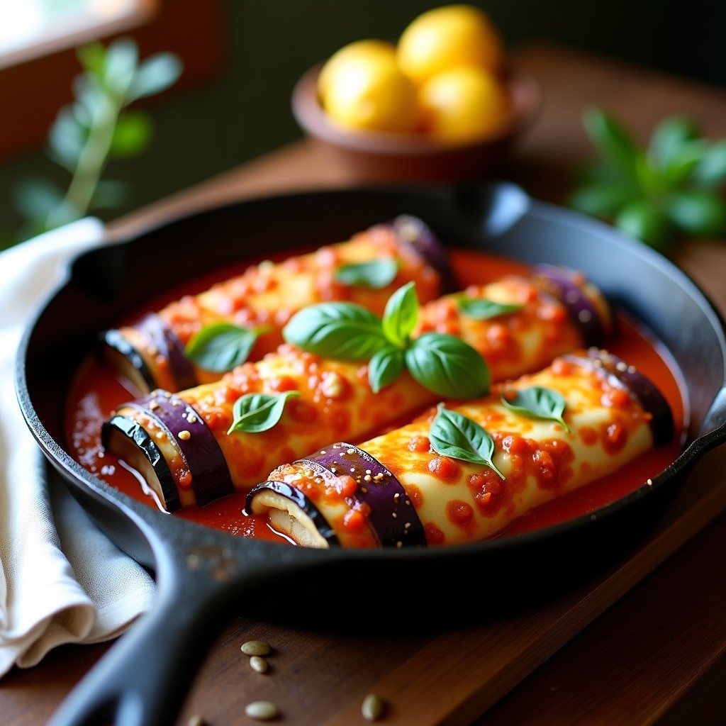 Canelones veganos sin horno de berenjena y queso cremoso de semillas de girasol, con salsa de tomate seco, servidos en sartén rústica con albahaca fresca.