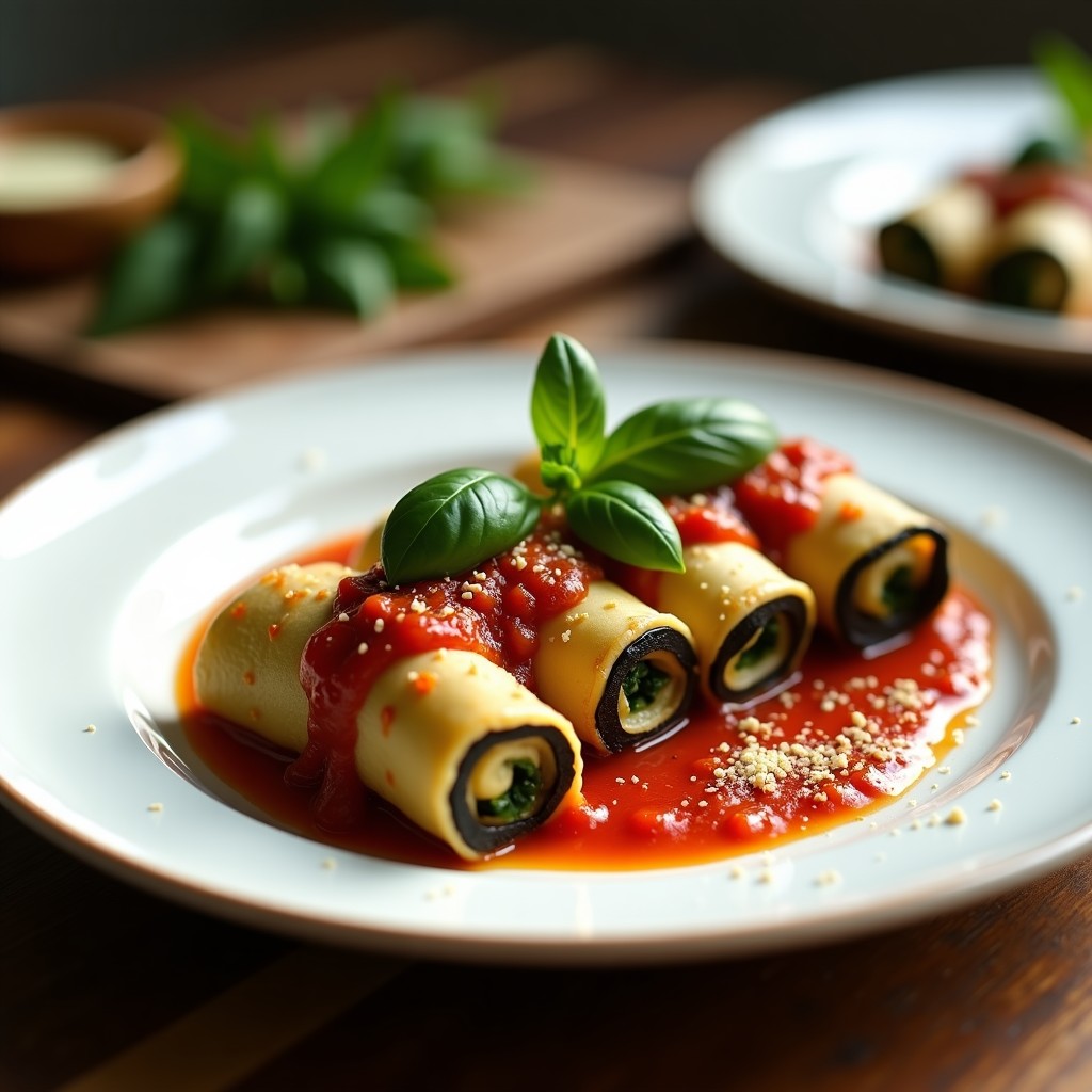 Canelones de berenjena y soja texturizada en airfryer, servidos en un plato blanco con salsa de tomate y hojas de albahaca fresca. Receta italiana vegana alta en proteína.