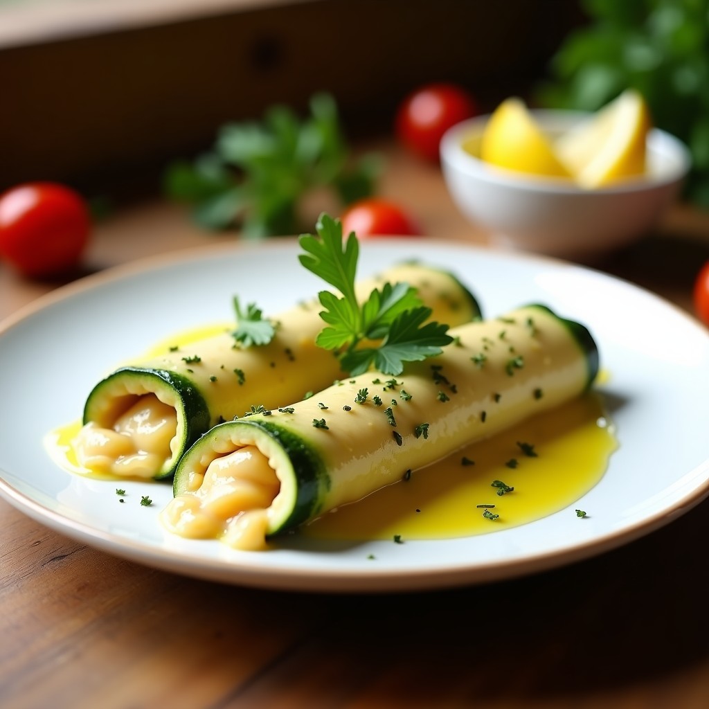Plato blanco con canelones de calabacín rellenos de brandada de bacalao vegana, gratinados al horno, decorados con perejil fresco y un hilo de aceite de oliva virgen extra. Receta española sin pasta.