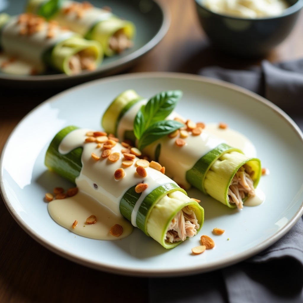 Plato de canelones de calabacín rellenos de carnes blancas, bañados en una salsa cremosa de queso azul y espolvoreados con almendras fileteadas doradas. Presentación elegante en plata blanca con fondo rústico de madera, receta keto sin pasta.