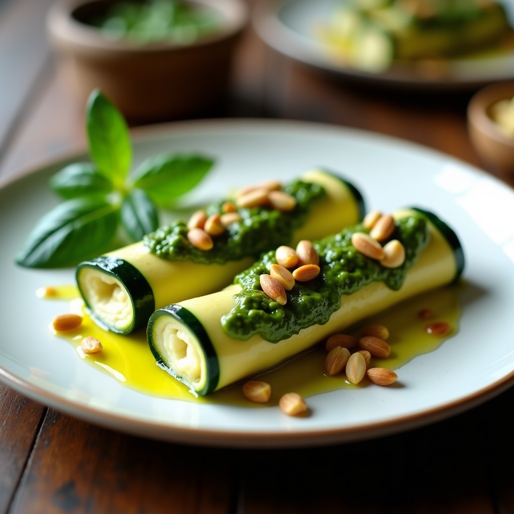 Plato de porcelana blanca con canelones de calabacín rellenos de ricotta de anacardos y cubiertos de pesto de albahaca verde brillante, decorados con piñones tostados y hojas de albahaca fresca. Receta italiana sin lactosa.