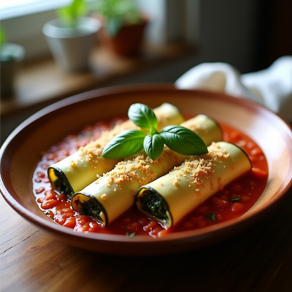 Canelones de calabacín rellenos de tofu ahumado y espinacas, servidos en una bandeja de horno blanca con decoración de levadura nutricional y aceite de oliva. Plato keto y vegano con textura cremosa y dorada.