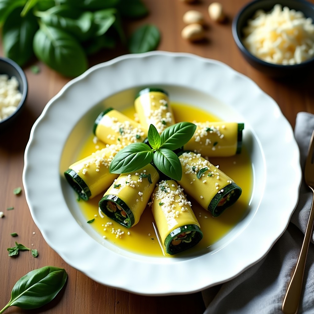 Plato blanco con canelones de calabacín rellenos de tofu y espinacas keto, decorados con albahaca fresca y queso parmesano vegano rallado, servidos sobre una base de hojas de espinaca.