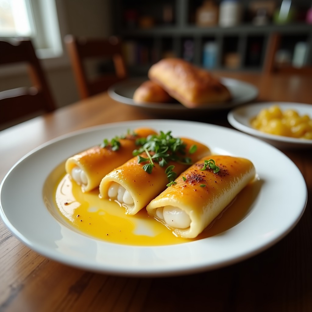 Fuente de horno con canelones keto de láminas de berenjena rellenos de espárragos blancos y crema de almendras, gratinados con queso parmesano y decorados con puntas de espárragos y almendras tostadas.