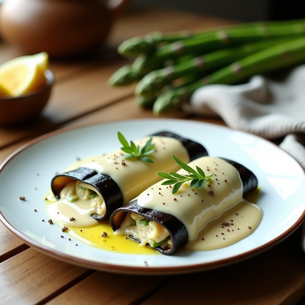Plato de canelones veganos sin horno, con láminas de berenjena enrolladas rellenas de espárragos verdes y ricotta de tofu, cubiertos de salsa bechamel de anacardos cremosa. Decorados con puntas de espárragos y un toque de pimienta negra.