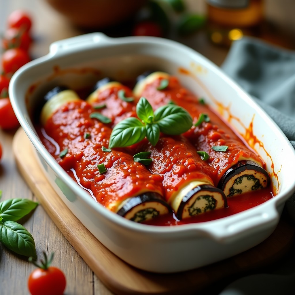 Fuente de horno con canelones de espinaca y ricotta de anacardos, envueltos en láminas de berenjena asada, cubiertos con salsa de tomate seco y decorados con hojas de albahaca fresca. Plato italiano sin lactosa, vegano y saludable.