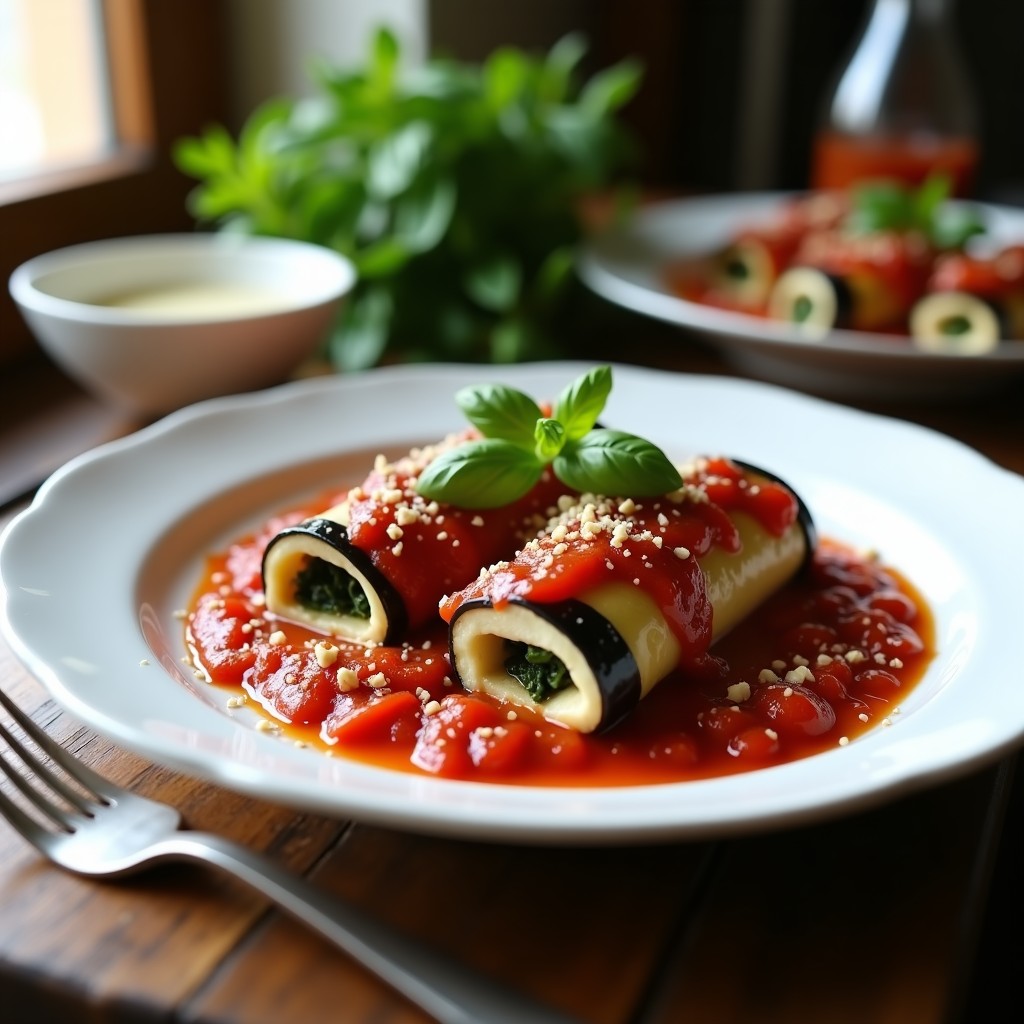 Plato blanco con canelones veganos de espinaca y ricotta de tofo, envueltos en láminas de berenjena asada, bañados en salsa de tomate seco y nueces, decorados con albahaca fresca. Receta sin horno en Thermomix.