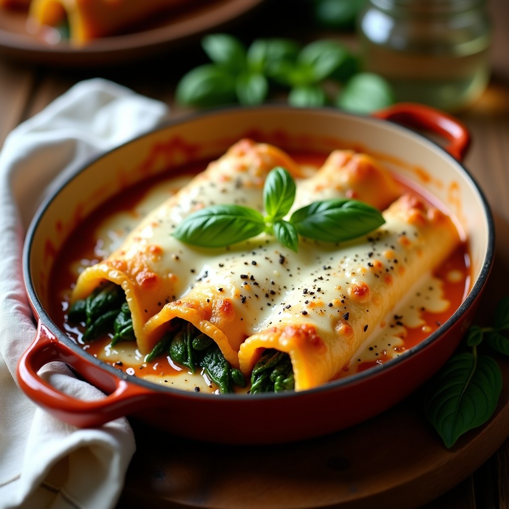 Fuente de horno con canelones de espinaca y tofu gratinados, cubiertos de bechamel dorada y queso fundido, receta vegetariana alta en proteína y sin gluten.