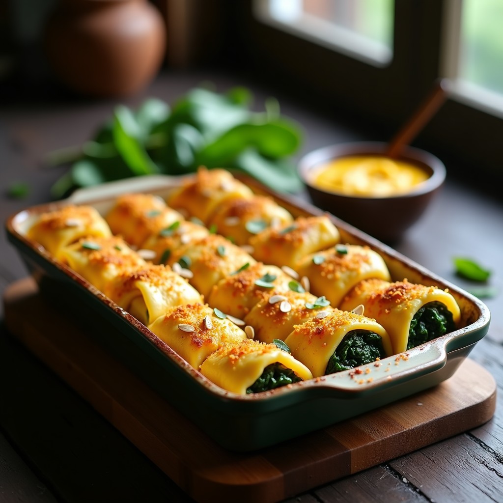 Fuente de horno rectangular con canelones de espinacas y queso de cúrcuma sin gluten, dorados y crujientes por fuera, con capas visibles de relleno verde y crema amarilla. Acompañados de semillas de girasol tostadas y almendras molidas en la superficie, sobre un fondo rústico de madera oscura.