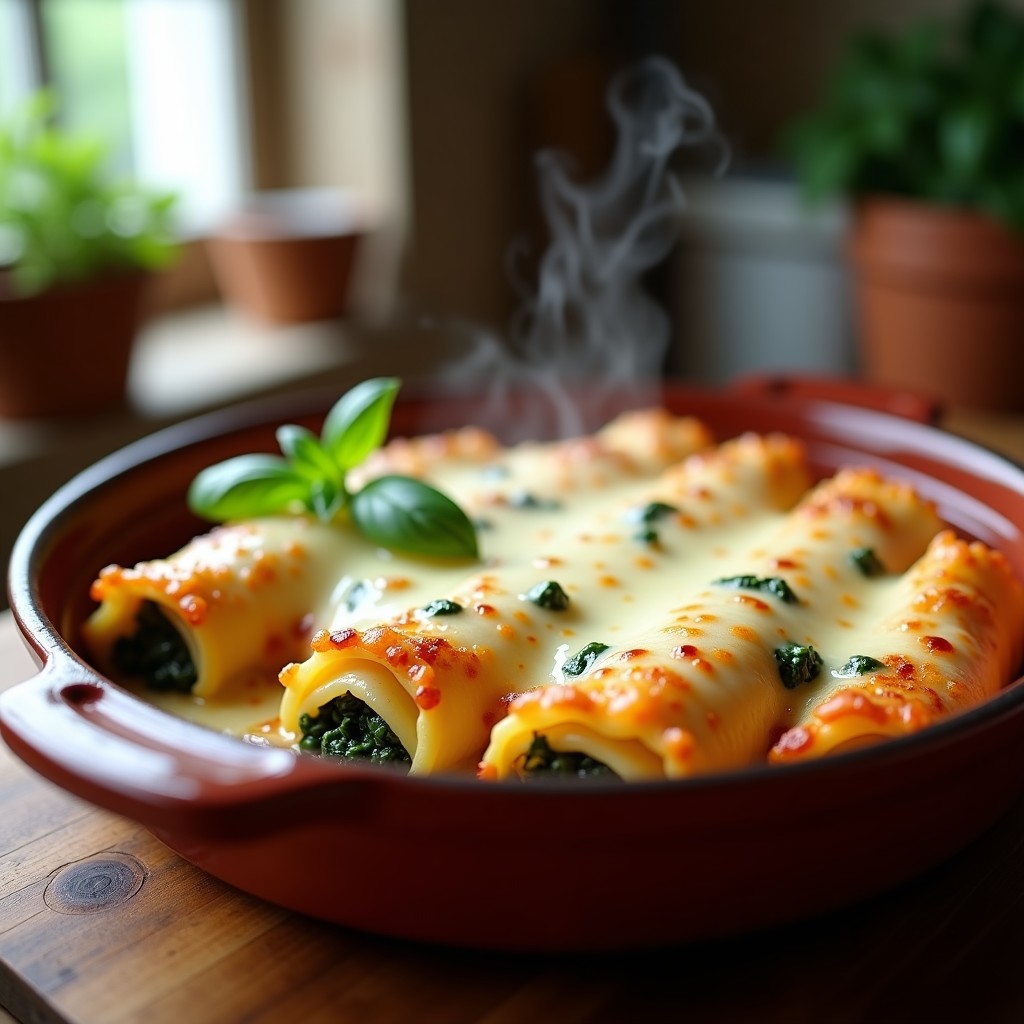 Fuente de horno con canelones de espinacas y requesón gratinados, cubiertos de bechamel dorada y queso fundido, receta tradicional italiana sin fritura.