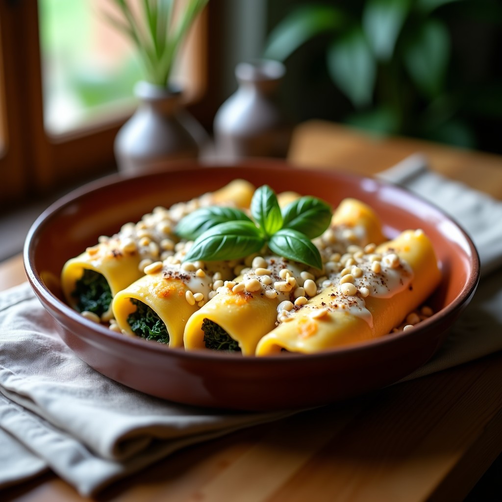 Fuente de horno rectangular con canelones de espinacas y tofu sedoso cubiertos de bechamel de avena dorada, decorados con piñones tostados y hojas de albahaca fresca, receta italiana vegana sin lácteos.