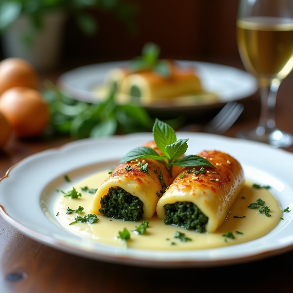 Fuente de horno con canelones de espirulina y espinacas enrollados en hojas de col rizada, cubiertos de bechamel de anacardos dorada y decorados con tomates cherry. Plato vegano sin pasta, alto en proteínas y colorido.