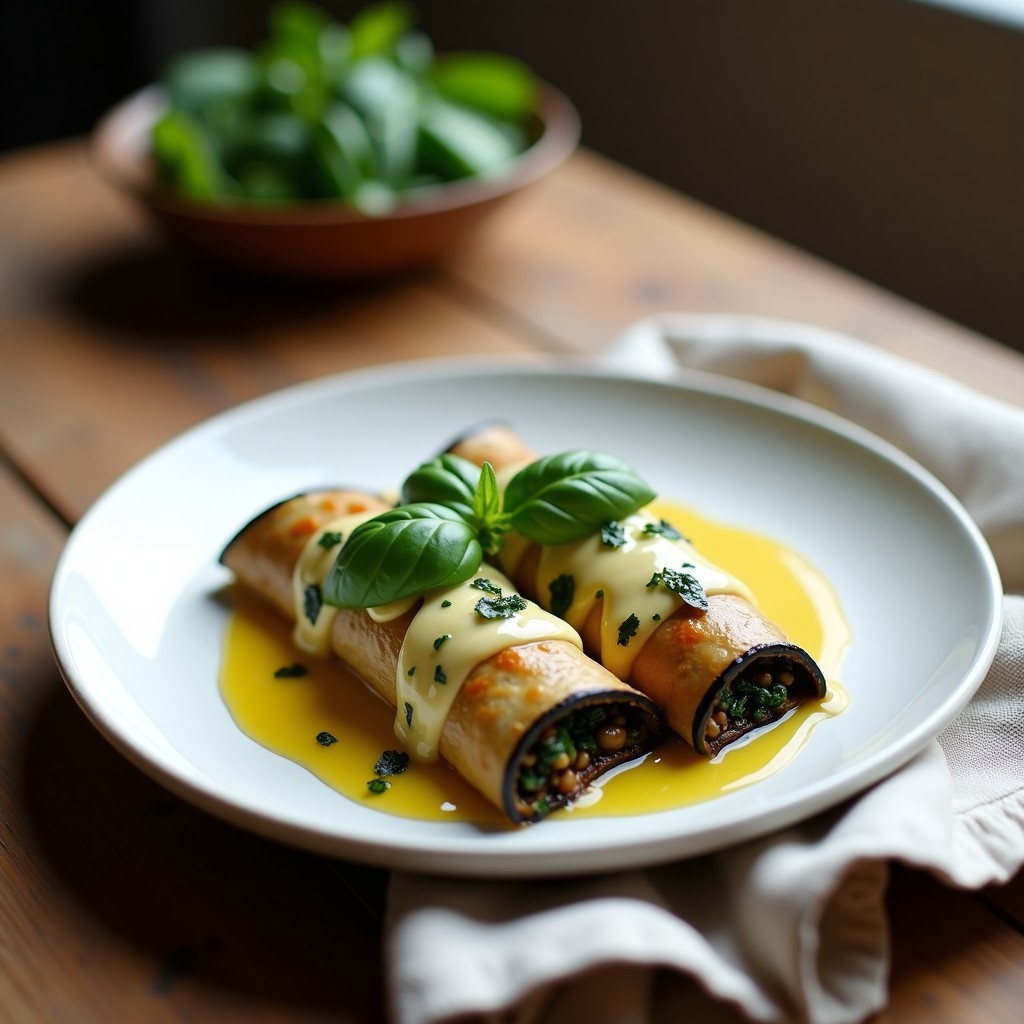 Plato de canelones veganos sin horno, rellenos de lentejas y espinacas, con láminas de berenjena asada y cubiertos de bechamel cremosa de anacardos. Decorado con hojas de albahaca fresca y un hilo de aceite de oliva virgen extra. Receta italiana vegana alta en proteína.