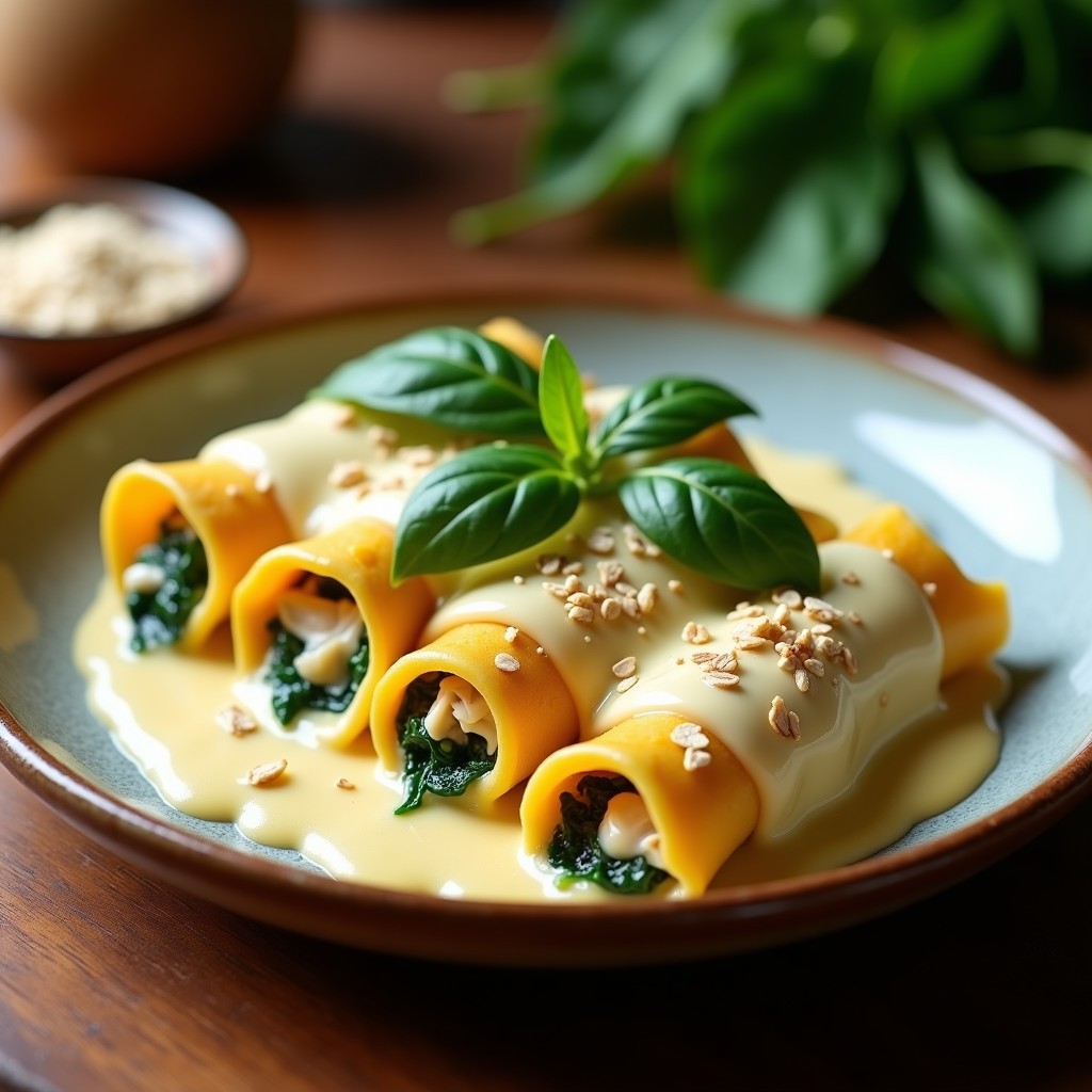 Fuente de horno con canelones de pollo y espinacas cubiertos de bechamel de avena dorada, decorados con hojas de albahaca fresca. Receta sin lactosa en Thermomix.