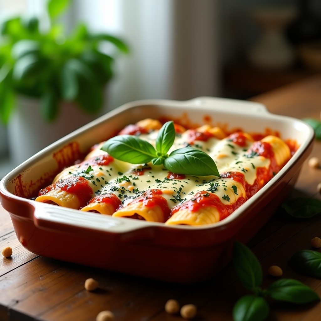 Fuente de horno rectangular con canelones veganos de espinacas y tofu al horno, cubiertos de salsa de tomate y bechamel vegana dorada, decorados con albahaca fresca. Receta de canelones veganos alta en proteína.