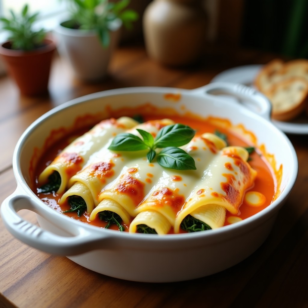 Fuente de cerámica blanca con canneloni rellenos de espinacas y ricotta al horno, cubiertos de salsa bechamel dorada y queso fundido, acompañados de hojas de albahaca fresca.