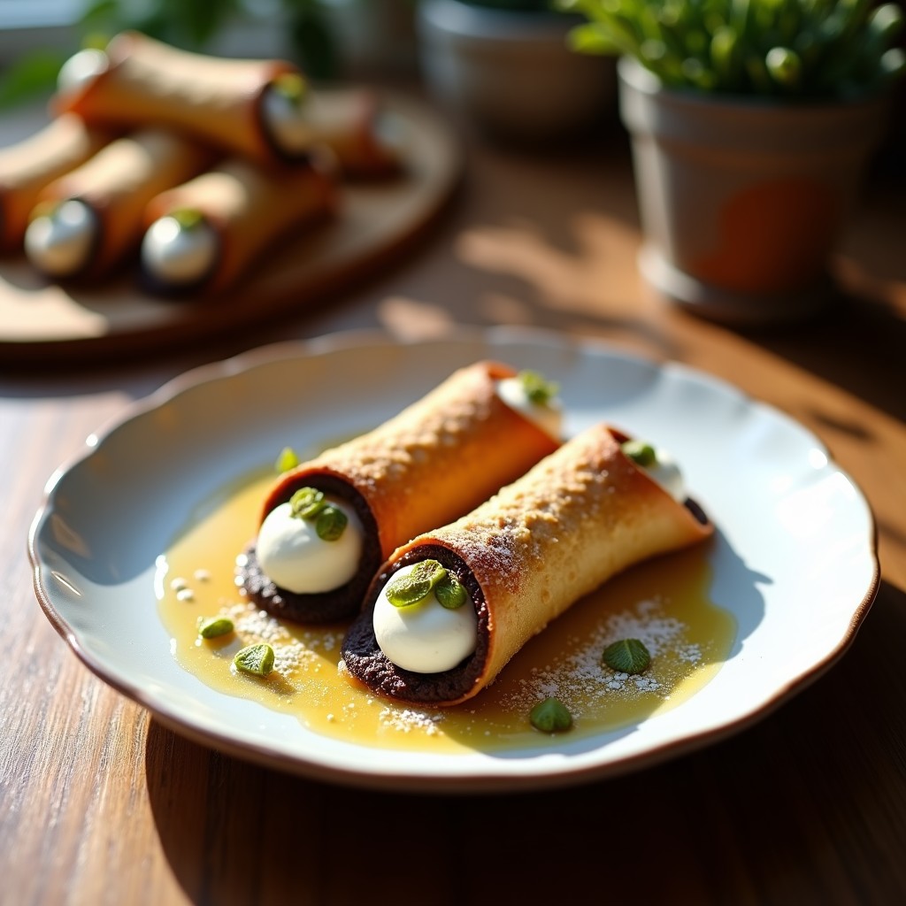 Cannoli keto de queso ricotta y chocolate negro con pistachos picados, servidos en bandeja de madera con fondo borroso. Postre italiano sin horno, crujiente por fuera y cremoso por dentro.